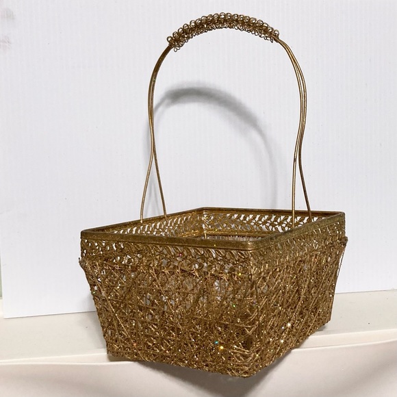 GOLD TONE Sparkly Glitter Wire Rectangle Basket w Handle 12 x 7.5 x6.5 inches - Picture 4 of 15